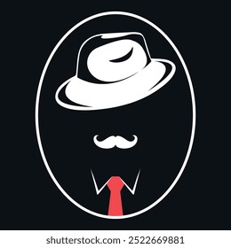 Silhueta abstrata de homem da máfia, gângster, detetive ou cavalheiro. Homem com bigode no chapéu e gravata vermelha. Ilustração vetorial