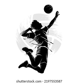 Abstract silhouette of male volleyball player jumping and hitting the ball