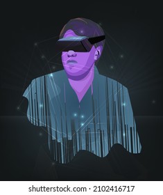 Abstract silhouette of a man in virtual reality glasses. Vector illustration of augmented reality in purple tones, dark background with reflection and shine