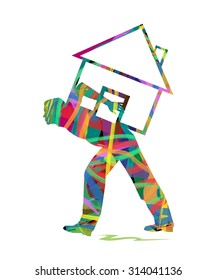 abstract silhouette of man with the weight of the house on his back