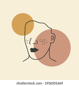 Abstract Silhouette Monoline Face freckled Illustration, Hand Drawn Clip Art, Vector Illustration.