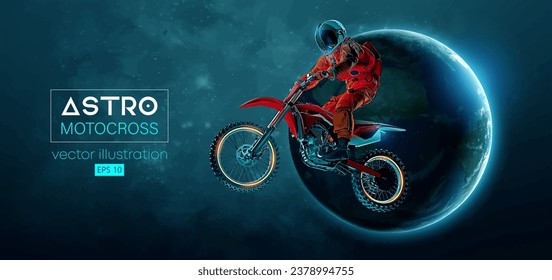 Abstract silhouette of a motocross rider, astronaut is doing a trick, in space action and Earth, Mars, planets on the background of the space. Enduro motorbike sport transport. Vector illustration