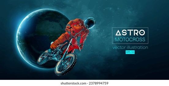 Abstract silhouette of a motocross rider, astronaut is doing a trick, in space action and Earth, Mars, planets on the background of the space. Enduro motorbike sport transport. Vector illustration