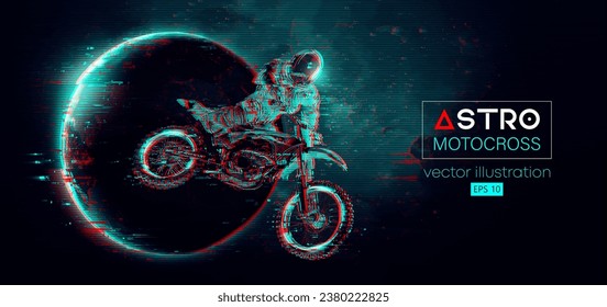Abstract silhouette of a motocross rider, astronaut is doing a trick, in space action and Earth, Mars, planets on the background of the space. Enduro motorbike sport transport. Vector illustration
