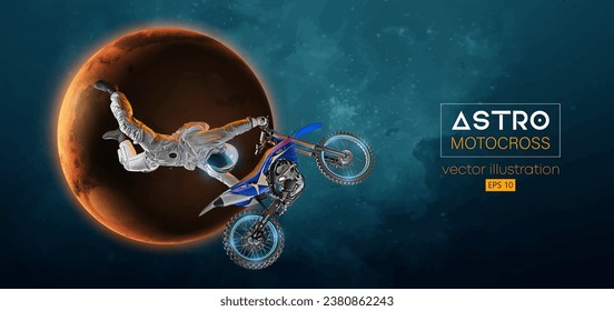 La silueta abstracta de un motociclista, el astronauta está haciendo un truco, en la acción espacial y la Tierra, Marte, planetas sobre el fondo del espacio. Transporte deportivo de moto Enduro. Ilustración del vector