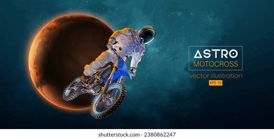 Abstract silhouette of a motocross rider, astronaut is doing a trick, in space action and Earth, Mars, planets on the background of the space. Enduro motorbike sport transport. Vector illustration
