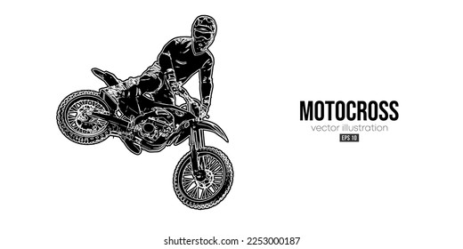 Abstract silhouette of a motocross rider, man is doing a trick, isolated on white background. Enduro motorbike sport transport. Vector illustration