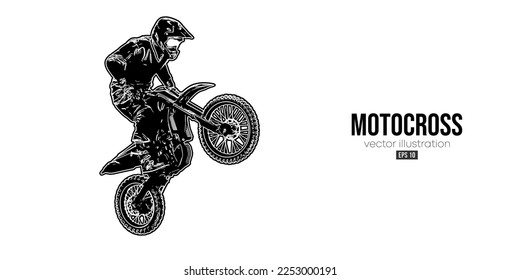 Abstract silhouette of a motocross rider, man is doing a trick, isolated on white background. Enduro motorbike sport transport. Vector illustration