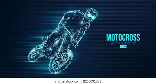 Abstract silhouette of a motocross rider, man is doing a trick, isolated on blue background. Enduro motorbike sport transport. Vector illustration