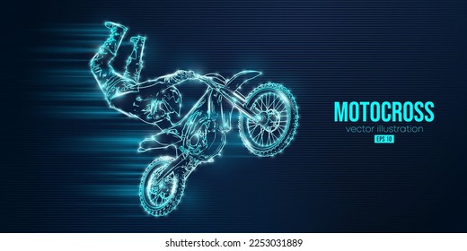 Abstract silhouette of a motocross rider, man is doing a trick, isolated on blue background. Enduro motorbike sport transport. Vector illustration