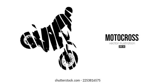 Abstract silhouette of a motocross rider, man is doing a trick, isolated on white background. Enduro motorbike sport transport. Vector illustration