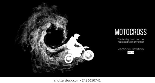 Abstract silhouette of a motocross rider, man is doing a trick, isolated on black background. Enduro motorbike sport transport. Vector illustration