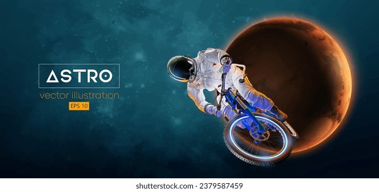 Abstract silhouette of a mtb rider, astronaut is doing a trick, on sport bicycle in space action and Earth, Mars, planets on the background of the space. Mountain cycling sport transport. Vector