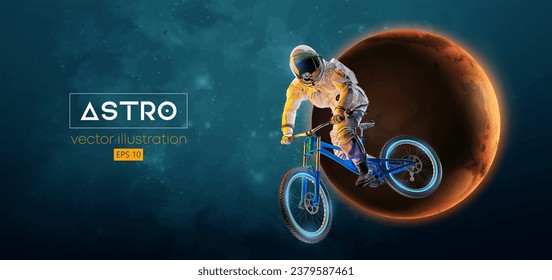 Abstract silhouette of a mtb rider, astronaut is doing a trick, on sport bicycle in space action and Earth, Mars, planets on the background of the space. Mountain cycling sport transport. Vector