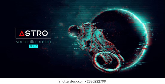 Abstract silhouette of a mtb rider, astronaut is doing a trick, on sport bicycle in space action and Earth, Mars, planets on the background of the space. Mountain cycling sport transport. Vector