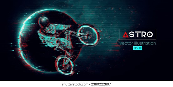 Abstract silhouette of a mtb rider, astronaut is doing a trick, on sport bicycle in space action and Earth, Mars, planets on the background of the space. Mountain cycling sport transport. Vector