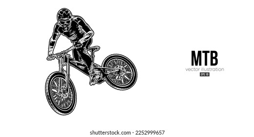 Abstract silhouette of a mtb rider, man is doing a trick, isolated on white background. Mountain cycling sport transport. Vector illustration