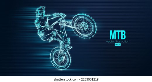 Abstract silhouette of a mtb rider, man is doing a trick, isolated on blue background. Mountain cycling sport transport. Vector illustration