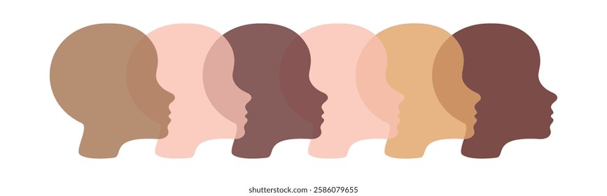 Abstract silhouette of multicultural men faces, heads with different skin tones. Concept of diversity unity human equality minimalist design inclusion empowerment social harmony kids. White background