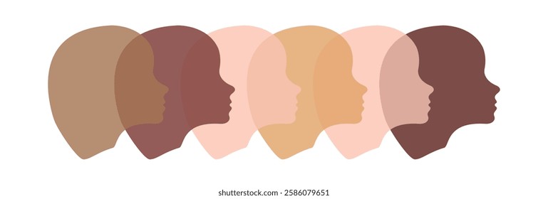 Abstract silhouette of multicultural women faces, heads with different skin tones. Concept of diversity unity human equality minimalist design inclusion empowerment social harmony. White background