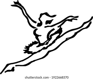 Abstract silhouette outline of a ballerina performing a Grand Jete flying split. Lineart vector illustration.