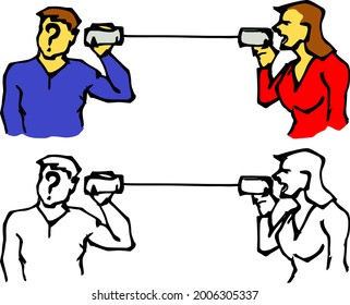 Abstract silhouette outline of confuse man listen to woman talk through a tin can telecommunication line for the concept of lost in translation. Hand drawn vector illustration.