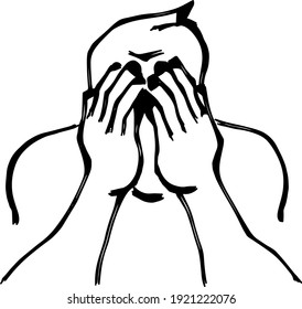 Abstract silhouette outline of a depressed man burying his face in his hand. Lineart vector illustration.