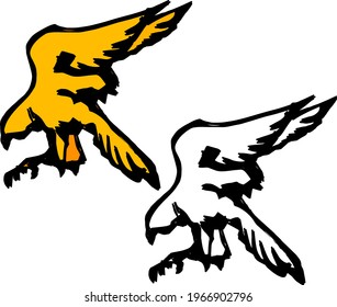 Abstract silhouette outline of falcon bird swooping down with open claws. Line-art vector illustration.