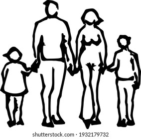 Abstract silhouette outline of a father, mother, son and daughter joining hands for the concept nuclear family. Lineart vector illustration.