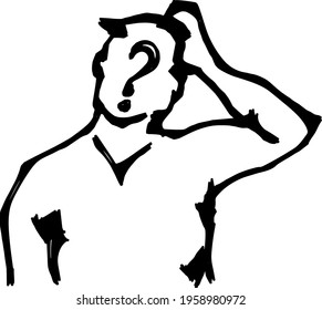 Abstract silhouette outline of a man with a question mark scratching his head in puzzlement. Line-art vector illustration.
