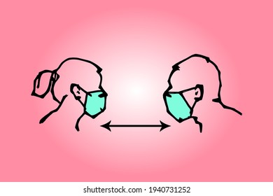 Abstract silhouette outline of a man and woman wearing facial mask while social distancing from each other. Line-art vector illustration.