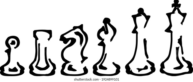 Abstract silhouette outline of a row of chess pieces comprising of pawn, rook, knight, bishop, queen and king unit. Lineart vector illustration.