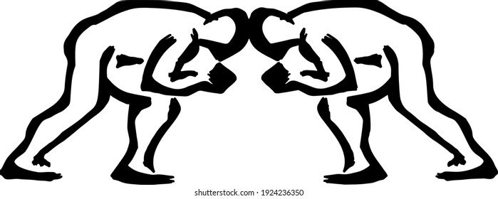 Abstract silhouette outline of two greco-roman wrestler confronting each other. Lineart vector illustration.