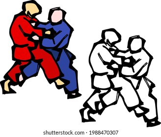 Abstract silhouette outline of two judo pugilist grapple for dominance. Line-art vector illustration.