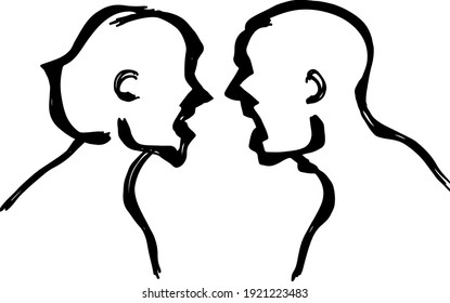 Abstract silhouette outline of a woman and man shouting at each other. Lineart vector illustration.