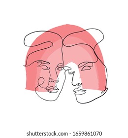 Abstract silhouette of a pair of people faces drawn by one continuous line in trendy style