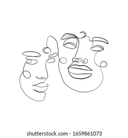 Abstract silhouette of a pair of people faces drawn by one continuous line in trendy style