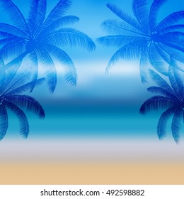 Abstract Silhouette palm tree in flat icon design and the sea at noon (vector)