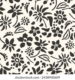 Patrón de silueta abstracta de flores negras sobre un fondo claro.
