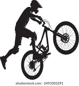 Abstract silhouette of rider, man is doing a trick, isolated on white background. Mountain cycling sport transport. Vector illustration