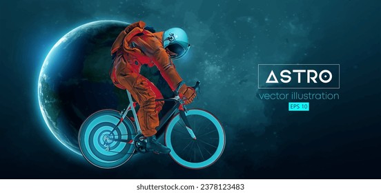 Abstract silhouette of a road bike racer, astronaut is riding on sport bicycle in space action and Earth, Mars, planets on the background of the space. Cycling sport transport. Vector illustration