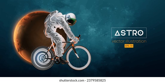 Abstract silhouette of a road bike racer, astronaut is riding on sport bicycle in space action and Earth, Mars, planets on the background of the space. Cycling sport transport. Vector illustration