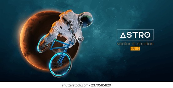 Silueta abstracta de una carrera de ciclismo de carretera, astronauta monta en bicicleta deportiva en acción espacial y Tierra, Marte, planetas en el fondo del espacio. Transporte deportivo en bicicleta. Ilustración del vector