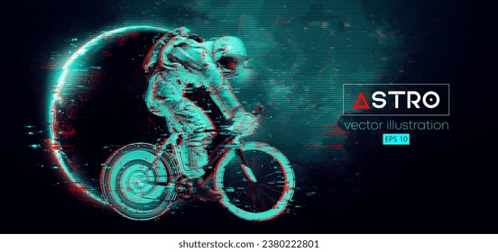 Abstract silhouette of a road bike racer, astronaut is riding on sport bicycle in space action and Earth, Mars, planets on the background of the space. Cycling sport transport. Vector illustration