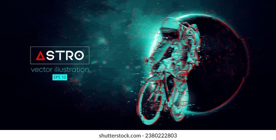 Abstract silhouette of a road bike racer, astronaut is riding on sport bicycle in space action and Earth, Mars, planets on the background of the space. Cycling sport transport. Vector illustration