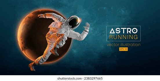 Abstrakte Silhouette eines Laufathleten Astronauten in Raumfahrt und Erde, Mars, Planeten auf dem Hintergrund des Raumes. Läufer laufen Sprint oder Marathon. Vektorgrafik 3D-Darstellung