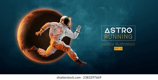 Silueta abstracta de un astronauta atleta en carrera en acción espacial y Tierra, Marte, planetas sobre el fondo del espacio. Un corredor está corriendo a correr sprint o maratón. Ilustración del vector 3d