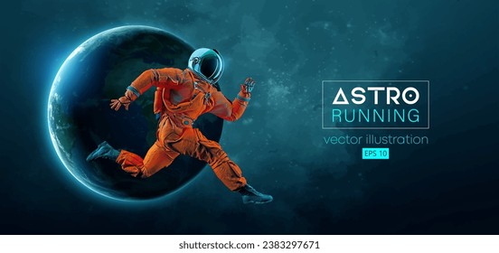 Silueta abstracta de un astronauta atleta en carrera en acción espacial y Tierra, Marte, planetas sobre el fondo del espacio. Un corredor está corriendo a correr sprint o maratón. Ilustración del vector 3d