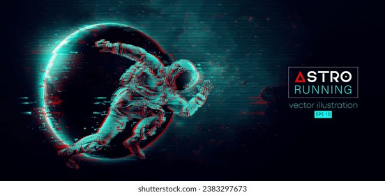 Abstrakte Silhouette eines Laufathleten Astronauten in Raumfahrt und Erde, Mars, Planeten auf dem Hintergrund des Raumes. Läufer laufen Sprint oder Marathon. Vektorgrafik 3D-Darstellung