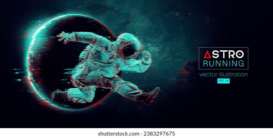 Abstract silhouette of a running athlete astronaut in space action and Earth, Mars, planets on the background of the space. Runner man are running sprint or marathon. Vector 3d render illustration